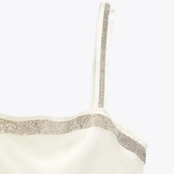 Zara Oyster White Strappy Rhinestone Satin Mini Dress - Picture 12 of 17